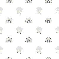 Cute vector rainbow with clouds seamless pattern in scandinavian style isolated on white background for kids. Hand drawn cartoon illustration for nordic posters, prints, cards, fabric, children books