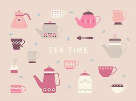 Cute teapots and tea cups with retro patterns. vector