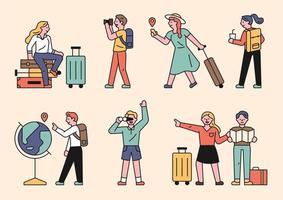 People doing sightseeing with suitcases. vector