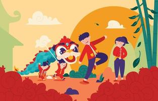 Happy Family Playing Lion Dance on Chinese New Year Festival vector