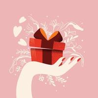 mano sosteniendo una caja de regalo con corazones saliendo y decoración. Ilustración colorida dibujada a mano para el feliz día de San Valentín. tarjeta de felicitación con follaje y elementos decorativos. vector