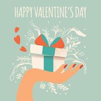 Hand holding a gift box with hearts coming out, decoration and typographic message. Colorful hand drawn illustration for Happy Valentines day. Greeting card with foliage and decorative elements.