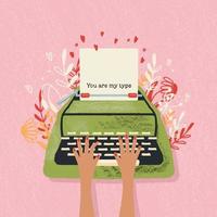 Typewriter and love note with hand lettering. Colorful hand drawn illustration for Happy Valentines day. Greeting card with flowers and decorative elements. vector