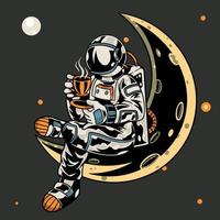 Astronaut sitting on the moon while holding a cup of coffee t-shirt and apparel trendy design with simple typography, good for t-shirt graphics, poster, print and other uses. Vector illustration