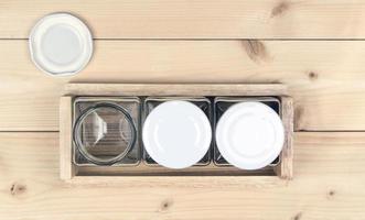 Top view of glass jars with lids photo