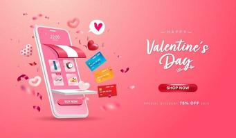 Feliz día de San Valentín. tienda de compras en línea en sitio web y teléfono móvil vector