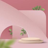 Abstract minimal scene on pastel background with cylinder podium and leaves