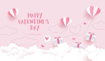 feliz día de san valentín, tarjeta de invitación con cielo de estilo de corte de papel vector