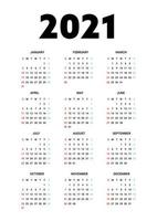 Calendar 2021 Isolated on White Background. Week starts from Sunday. Vector Illustration.