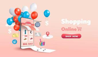 Online shopping store on website and mobile phone design. Smart business marketing concept. Horizontal view. Vector Illustration.