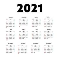 Calendar 2021 Isolated on White Background. Week starts from Sunday. Vector Illustration.