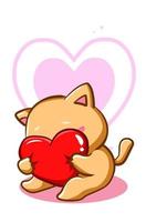 A cute and shy cat hugging a pillow heart cartoon illustration vector