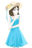 chica anime con vestido azul de verano y sombrero amarillo vector