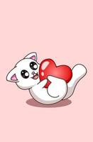 Kawaii y gracioso gato que rueda con un gran corazón ilustración de dibujos animados de San Valentín vector