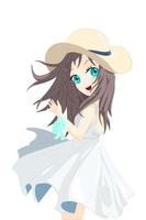 chica anime con cabello largo castaño con vestido blanco y sombrero amarillo durante el verano vector