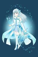 Anime girl with white blue costume holding sword vector