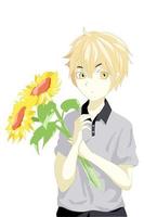 Anime boy with yellow hair and two sunflowers vector