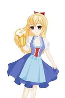 Anime girl with yellow long hair in oktoberfest outfit holding beer vector