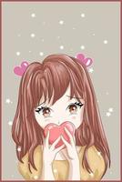 Anime style brown haired girl with heart and star background vector