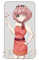 hermosa chica anime con mini vestido rosa con cabello corto rosa vector