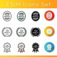 Premium products icons set. Linear, black and RGB color styles. Luxurious goods quality assurance. High class brand equity. Different prestigious badges isolated vector illustrations