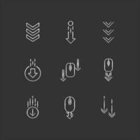 Scrolling down arrows chalk white icons set on black background. Computer mouse and arrowheads in circles buttons. Download indicator. Web cursor. PC elements. Isolated vector chalkboard illustrations