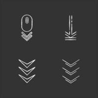 Scrolling down and uploading indicators chalk white icons set on black background. Scrolldown gesture. Arrows interface navigation button. Website page cursor. Isolated vector chalkboard illustrations