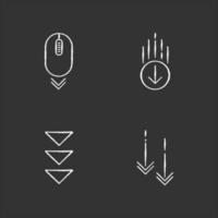 Scrolling down chalk white icons set on black background. Moving arrows. Web page browsing cursor and download indicators. Way direction. Isolated vector chalkboard illustrations