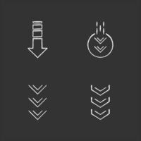 Down arrows chalk white icons set on black background. Double arrowhead in circle. Scrolldown button. Arrows interface navigation buttons. Website page cursor. Isolated vector chalkboard illustrations