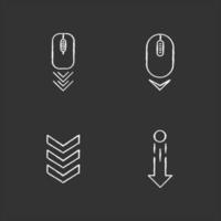 Scrolldown indicators chalk white icons set on black background. Computer mouse and arrowheads. Swipe down gesture. Website page browsing cursor. Isolated vector chalkboard illustrations