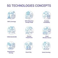 Conjunto de iconos de concepto de tecnologías 5g. cobertura global. idea de conexión de alta velocidad ilustraciones de líneas finas. Internet móvil. tecnología inalámbrica. dibujos de contorno aislados vectoriales. trazo editable vector