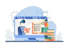 E learning concept. man teaching on screen with a book, man watching online class. online education, home schooling, online book, distance education and online business school .isolated illustration