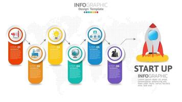 Infografía de inicio de 6 pasos con lanzamiento de cohete. concepto de negocios y finanzas. vector