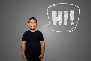 Young boy shouts loudly with text box HI on chalkboard photo