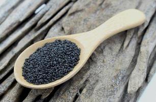 Basil seeds on wooden spoon photo