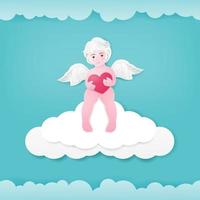 Cute Valentines day greeting card with cupid sitting on clouds. vector