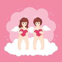 cupidos con corazón sentado en las nubes. vector