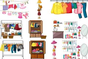 Set of clothes, accessories and wardrobe isolated on white background vector