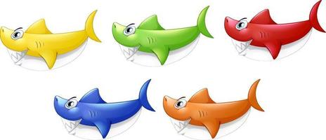 Set of many smiling cute shark cartoon character isolated on white background vector