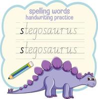 ortografía palabras dinosaurio hoja de trabajo práctica de escritura a mano vector
