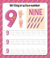 Writing practice number 9 worksheet vector