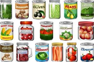 Set of different canned food and food in jars isolated vector