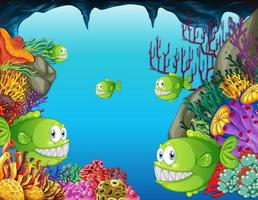 Many exotic fishes cartoon character in the underwater scene with corals vector