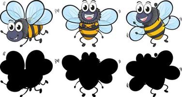 Cute bee in three positions with its silhouette on white background vector