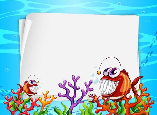 Blank paper banner with exotic fish and undersea nature elements on the underwater background