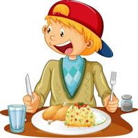 A boy having meal at the table on white background vector