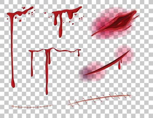 Red dripping blood with many different wounds on transparent background