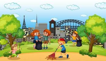 Scene with many children cleaning in the park vector