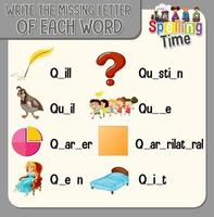 Write the missing letter of each word worksheet for children vector