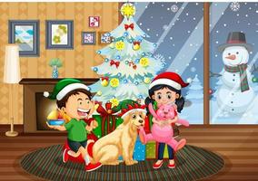 Christmas indoor scene with many children and cute dogs vector